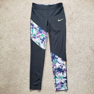 Nike Girls' Dri-FIT One Tight Fit Leggings Colorblock Black Floral Panels Size L